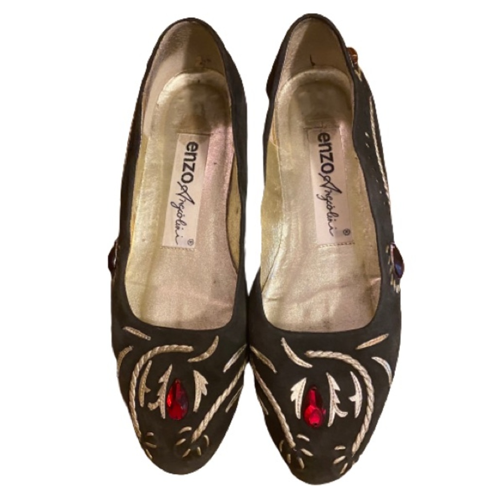Vintage 80’s Enzo Angiolini rhinestone & gold trim suede shoes